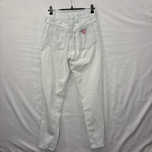 Guess Vintage 25x27 Striped Jeans 80s High Waist Zip Ankle Tapered Blue White - Picture 14 of 14